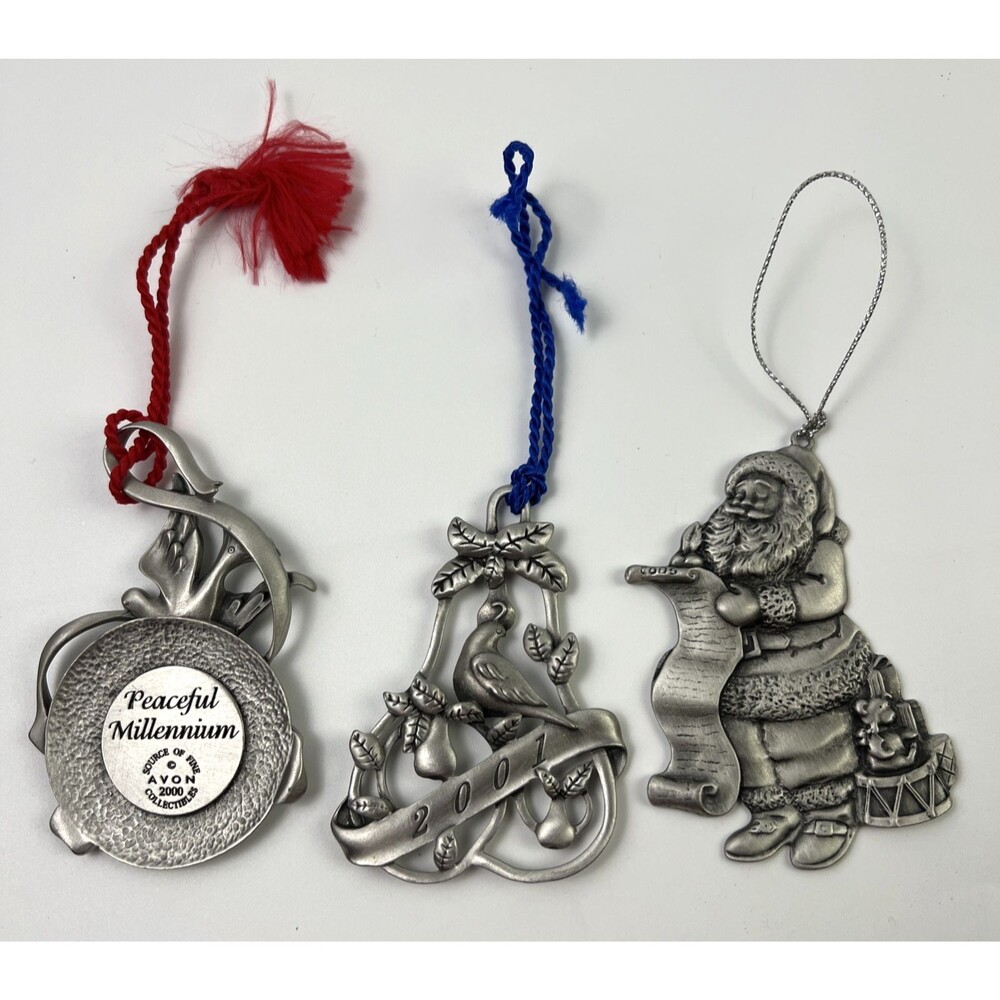Vintage Lot Of 3 Pewter Avon Christmas Ornaments 1996, 2000 and 2001